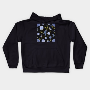 Peonies and blue birds on black backdrop Kids Hoodie